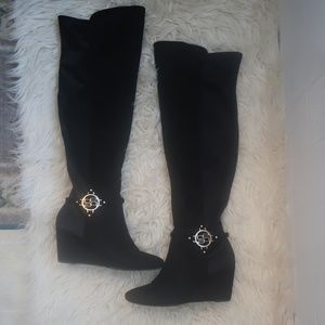 bebe Black Knee High Wedge Boots